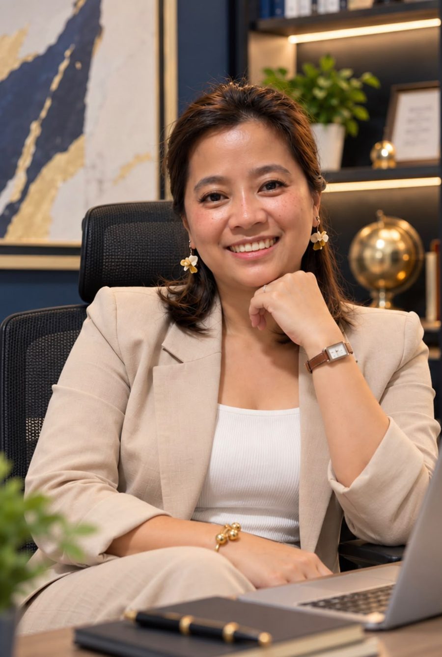 Coach Jenny smiling at her desk, warm and approachable